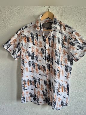 NWOT Above Man Slim Fit Abstract White Black Tan Button Down Shirt Mens Size XL